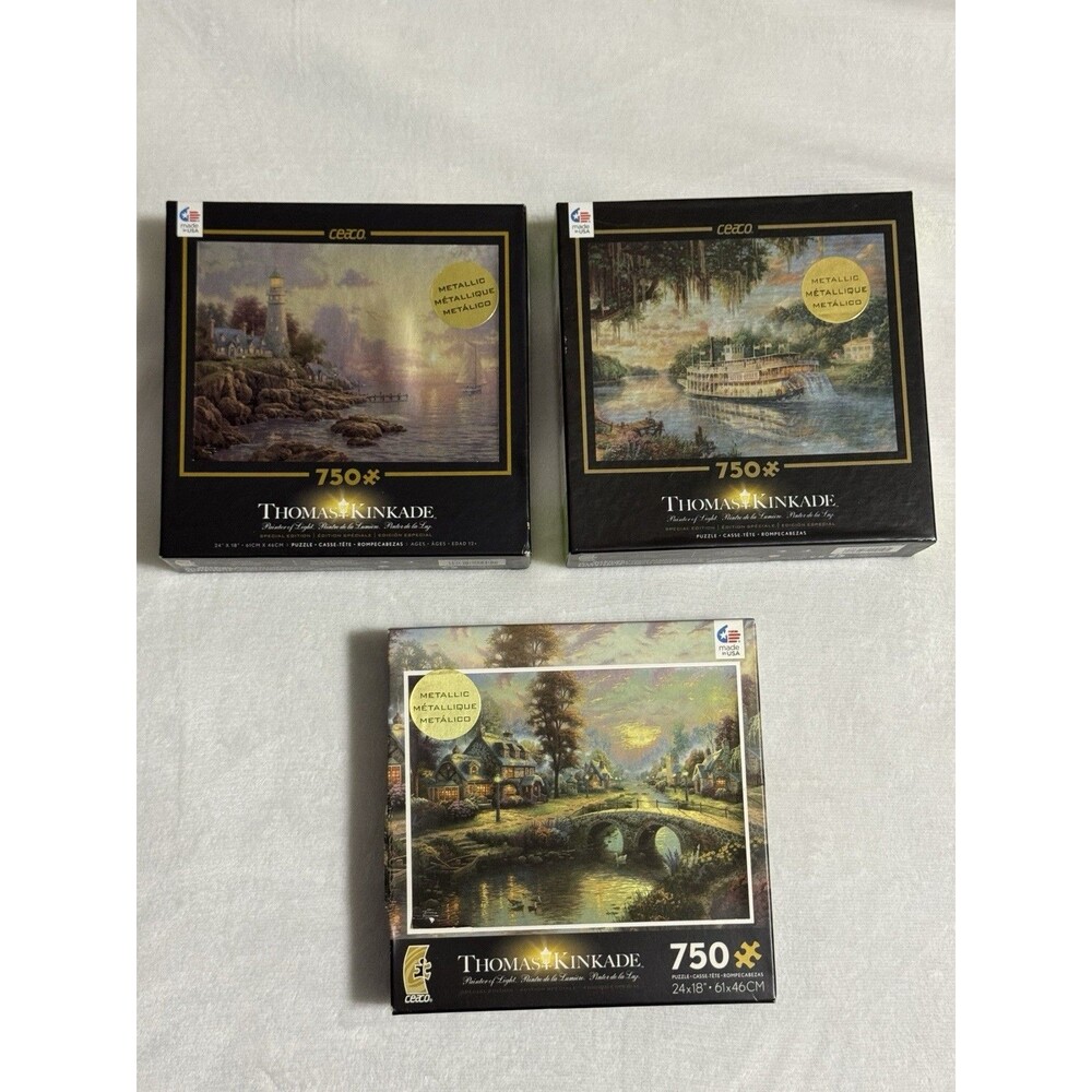 Thomas Kinkade Metallic Sunset Lamplight Lane River Queen 750 pc Lot 3 Puzzles